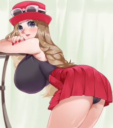 1girl ass black_panties black_shirt blonde_hair breasts cameltoe creatures_(company) eyewear_on_headwear from_side game_freak hanging_breasts hat huge_breasts leaning_forward long_hair nail_polish nintendo panties pleated_skirt pokemon pokemon_xy porkpie_hat red_hat red_skirt serena_(pokemon) shirt skirt sleeveless sleeveless_shirt solo sumisumii sunglasses underwear white-framed_eyewear