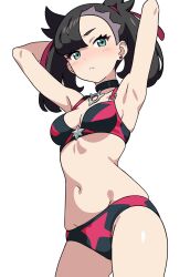 1girl armpits arms_up asymmetrical_bangs bikini black_choker black_hair breasts choker earrings green_eyes highres jewelry kousuke0912 light_frown marnie_(pokemon) multicolored_bikini navel nintendo pokemon pokemon_swsh simple_background single_earring small_breasts solo stomach swimsuit twintails two-tone_bikini undercut white_background