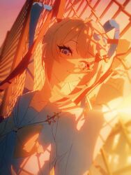 1girl against_fence blue_eyes blue_hair blue_sailor_collar blue_serafuku blurry bow bowtie chain-link_fence chouzetsusaikawa_tenshi-chan depth_of_field fence hair_bow highres junpaku_karen long_sleeves looking_at_viewer multiple_hair_bows needy_girl_overdose outdoors parted_lips pink_hair sailor_collar school_uniform serafuku solo sunset twintails upper_body white_hair yellow_bow yellow_bowtie