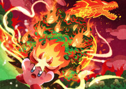Rule 34 | absurdres, blush stickers, cloud, colored skin, dragon, fire, fire kirby, highres, kirby, kirby&#039;s return to dream land, kirby (series), monster flame kirby, nintendo, no humans, open mouth, pink skin, signature, star (symbol), tree, watawata22