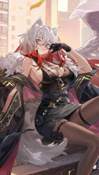 1girl absurdres alina_(echocalypse) animal_ear_fluff artist_request belt belt_pouch black_belt black_dress black_gloves blue_eyes breasts cleavage closed_mouth dress echocalypse falling_leaves feathered_wings glasses gloves hair_between_eyes highres holding large_breasts leaf official_art pantyhose pouch semi-rimless_eyewear solo tail thigh_pouch thigh_strap white_wings wings