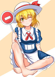 Rule 34 | 1girl, absurdres, apron, bare legs, barefoot, blonde hair, blue dress, chestnut95, closed mouth, collared shirt, commentary request, dress, frilled apron, frilled dress, frills, full body, hat, hat ribbon, highres, kana anaberal, medium hair, neck ribbon, no entry sign, no shoes, one eye closed, panties, puffy sleeves, red ribbon, ribbon, road sign, shirt, sign, sitting, smile, sun hat, touhou, touhou (pc-98), underwear, waist apron, white apron, white hat, white panties, white shirt, yellow eyes