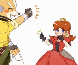 1boy 1girl bag black_gloves blue_eyes blush brooch brown_fur brown_hair closed_eyes crown dress earrings flower_brooch flower_earrings fox_mccloud furry furry_male gloves grocery_bag jacket jewelry long_hair mario_(series) nintendo ponfu_y princess_daisy red_dress shopping_bag simple_background smile star_fox super_smash_bros. thumbs_up yellow_jacket