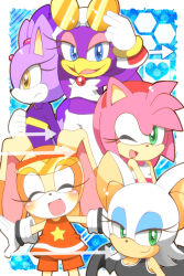 5girls amy_rose amy_rose_(riders) animal_ears bat_ears bat_girl bat_wings blaze_the_cat blaze_the_cat_(riders) blue_eyes cat_ears cat_girl closed_eyes cream_the_rabbit cream_the_rabbit_(riders) eyewear_on_head furry furry_female green_eyes kusunoki_cherry looking_at_viewer multiple_girls one_eye_closed open_mouth pants pink_fur purple_fur rabbit_ears rabbit_girl rouge_the_bat rouge_the_bat_(riders) smile sonic_(series) sonic_riders sonic_riders:_zero_gravity sonic_riders_(series) sportswear visor_cap wave_the_swallow white_fur white_pants wings yellow_eyes