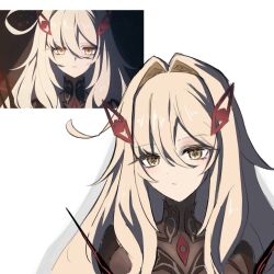 1girl black_dress closed_mouth cowlick doremifasorachi dress genshin_impact hair_ornament long_hair official_art_inset reference_inset ronova_(genshin_impact) simple_background solo upper_body white_background white_hair yellow_eyes
