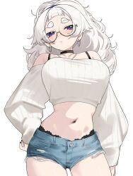 1girl bare_shoulders black_choker blue_shorts bra_strap breasts choker cowboy_shot crop_top cropped_sweater cutoffs denim denim_shorts earrings glasses hand_on_own_hip highres hoop_earrings jewelry lace_trim large_breasts long_hair long_sleeves looking_at_viewer meg_(wakamepiza) midriff navel necklace off-shoulder_sweater off_shoulder original purple_eyes ribbed_sweater round_eyewear short_shorts shorts simple_background solo stomach sweater thick_eyebrows wakamepiza white_background white_hair white_sweater