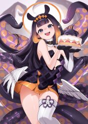 1girl absurdres asymmetrical_legwear black_choker black_dress black_gloves blue_eyes blunt_bangs breasts cake center-flap_bangs choker cowboy_shot cutout_above_navel detached_sleeves diamond_hairband dress feathered_wings food fur-trimmed_choker fur_trim gloves hair_flowing_over hands_up highres holding holding_cake holding_food hololive hololive_english long_hair looking_at_viewer low_wings mole mole_under_eye ninomae_ina&#039;nis ninomae_ina&#039;nis_(1st_costume) open_mouth pointy_ears rainenleaf sidelocks single_detached_sleeve small_breasts smile strapless strapless_dress tabi takodachi_(ninomae_ina&#039;nis) teeth tentacle_hair tentacles thighhighs tongue tube_dress upper_teeth_only virtual_youtuber white_sleeves white_thighhighs white_wings wings