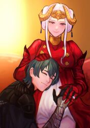 1boy 1girl absurdres black_gloves blue_hair breasts bridal_gauntlets cape closed_eyes closed_mouth commentary commission couple double_bun dress edelgard_von_hresvelg edelgard_von_hresvelg_(timeskip) english_commentary fake_horns fire_emblem fire_emblem:_three_houses gloves hair_bun hand_on_another&#039;s_head hand_on_another&#039;s_stomach hetero highres horns husband_and_wife interlocked_fingers jewelry looking_at_another male_byleth_(fire_emblem) medium_breasts nintendo pregnant purple_eyes red_bridal_gauntlets red_cape red_dress ring second-party_source sethkiel short_hair smile wedding_ring white_hair