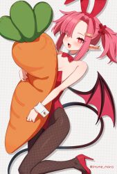 1girl animal_ears bandaid bandaid_hair_ornament bare_shoulders blush bow bowtie breasts carrot demon_girl demon_tail demon_wings detached_collar fishnet_pantyhose fishnets hair_ornament heart heart-shaped_pupils high_heels holding holding_carrot leotard looking_at_viewer marota mary_(marota) open_mouth original pantyhose playboy_bunny pointy_ears ponytail red_bow red_bowtie red_leotard simple_background small_breasts smile solo stuffed_carrot stuffed_toy symbol-shaped_pupils tail traditional_bowtie twintails white_background wings wrist_cuffs
