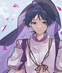 1boy blunt_ends bow bright_pupils closed_mouth crying crying_with_eyes_open eyeliner eyeshadow falling_petals genshin_impact grey_background hand_on_own_stomach highres japanese_clothes kariginu kimono layered_sleeves makeup male_focus petals pink_petals pom_pom_(clothes) purple_bow purple_eyes purple_hair purple_kimono purple_sash purple_sleeves purple_veil red_eyeliner red_eyeshadow sash scaramouche_(genshin_impact) scaramouche_(kabukimono)_(genshin_impact) see-through_clothes see-through_veil sgm618 short_sleeves simple_background solo split_mouth string tasuki tears tsurime upper_body veil white_pupils white_sleeves