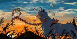 2girls comfey commission commissioner_upload dusk flower gen_7_pokemon gen_8_pokemon grass highres legendary_pokemon multiple_girls nintendo no_humans old orange_sky painting_(medium) panha petals plant_monster pokemon sky sun sunset traditional_media zacian zacian_(hero)