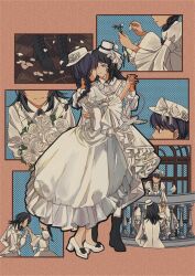 2girls atsubomi balcony bang_dream! bang_dream!_it&#039;s_mygo!!!!! black_boots black_hair blue_eyes boots bouquet braid closed_mouth coat commentary dress english_commentary flower hand_on_another&#039;s_waist hat highres holding holding_bouquet holding_hands interlocked_fingers kiss kissing_hand long_hair long_sleeves looking_at_another multiple_girls purple_hair rose shiina_taki shoes smile twin_braids white_coat white_dress white_flower white_hat white_rose white_shoes yahata_umiri yuri