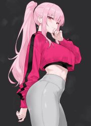 bluefield blunt_bangs crop_top long_hair mori_calliope pants pink_eyes pink_hair pink_nails ponytail tagme yoga_pants