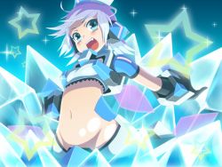 1girl aqua_eyes blue_eyes breasts cosmic_break crystal female_focus gloves groin hair_ornament mecha_musume midriff navel open_mouth purple_hair revealing_clothes short_hair ska small_breasts smile solo sparkle star_(symbol) winberrl