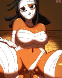 1girl ass bandages bandages_around_chest breasts cameltoe dark-skinned_female dark_skin highres looking_at_viewer mira_naigus solo soul_eater spread_legs squatting zaviel