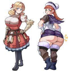 2girls ass ass_focus blonde_hair blue_eyes breasts bursting_breasts curvy dress from_behind huge_ass large_breasts looking_back multiple_girls no_panties orange_hair scarlett_(unicorn_overlord) short_dress thick_thighs thighs unicorn_overlord ytrall yunifi_(unicorn_overlord)
