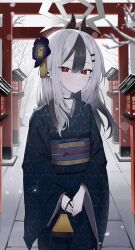 1girl absurdres black_hair black_kimono blue_archive bright_pupils closed_mouth cowboy_shot expressionless fog grey_hair highres japanese_clothes kamu_(stead06y) kayoko_(blue_archive) kayoko_(new_year)_(blue_archive) kimono long_sleeves looking_at_viewer outdoors red_eyes solo standing torii white_pupils wide_sleeves