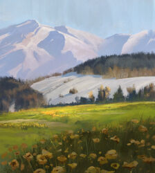 anoc blue_sky commentary_request day field flower forest grass highres mountain nature no_humans original outdoors scenery sky snow tree yellow_flower