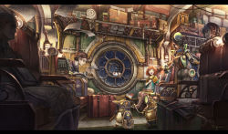Rule 34 | absurdly detailed composition, ass, brown hair, commentary, fantasy, formal clothes, glasses, highres, indoors, letterboxed, loaded interior, luggage, mikan yuzuko, orange hair, original, plague doctor mask, scenery, signature, sitting, snowing, steam, steampunk, suit, suitcase, train attendant, train interior, travel attendant, umbrella, window