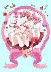 1girl :q blue_background blue_eyes bow commentary_request cupcake dress food full_body hair_bow hands_up hat heart high_heels highres light_blush long_hair original pink_bow pink_hair pink_nails pink_ribbon puffy_short_sleeves puffy_sleeves ribbon ringlets short_dress short_sleeves solo tongue tongue_out tutu twintails white_bow white_dress white_hat yufu_kyouko