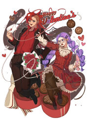 1boy 1girl :d alchemist_cookie alternate_costume anger_vein annoyed asymmetrical_hair black_jacket black_pants black_pantyhose black_shoes bouquet bow box braid breasts brother_and_sister brown_background buttons candy chocolate chocolate_heart collared_shirt commentary cookie_run drawn_wings dress envelope fang flower flying_sweatdrops food food-themed_hair_ornament full_body glasses hair_between_eyes hair_ornament happy_valentine heart heart-shaped_box heart-shaped_eyewear heart-shaped_food highres holding holding_bouquet holding_envelope holding_pastry_bag humanization jacket jewelry jumping knee_up knees_together_feet_apart layered_sleeves leaf long_hair long_sleeves looking_at_another looking_at_viewer medium_dress nail_polish open_clothes open_jacket open_mouth outline outstretched_arm pants pantyhose pastry_bag petticoat pocky_hair_ornament pointy_ears ponong purple_eyes purple_hair purple_nails raised_inner_eyebrows red-framed_eyewear red_flower red_hair red_nails red_rose red_shirt red_shoes ribbed_dress ring rose shirt shirt_tucked_in shoes siblings side-by-side simple_background small_breasts smile string sweatdrop symbol-only_commentary teeth twin_braids two-tone_background undercut upper_teeth_only vampire_cookie very_long_hair watch white_background white_bow white_outline white_sleeve_cuffs wristwatch