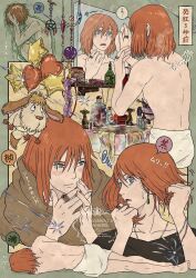 Rule 34 | 1boy, balloon, black shirt, blue eyes, blush, bottle, dog, earrings, hair between eyes, heart balloon, heen, highres, hitomin (joutaro195), howl no ugoku shiro, howl pendragon, jewelry, looking at mirror, lying, male focus, mirror, multiple views, on side, orange hair, own hands together, pentagram, ring, shirt, short hair, sink, slime (substance), star balloon, sweatdrop, tears, topless male, towel, towel around waist