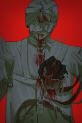 1boy aleph_(reverse:1999) bandaged_hand bandaged_head bandages black_gloves blood blood_from_mouth blood_on_clothes dark facing_viewer gloves hands_up highres impaled injury male_focus necktie oji-sama_(ochi4t) red_background reverse:1999 shirt solo the_idealist_(reverse:1999) upper_body white_necktie white_shirt