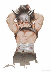 1boy abs absurdres arknights armpits arms_up bandaged_stomach bandages bandaid bandaid_on_face bandaid_on_nose black_hair black_pants black_shirt black_tank_top blood blood_on_arm blood_on_body bloody_bandages chinese_commentary clothes_in_mouth clothes_lift commentary_request cross_scar demon_boy demon_horns demon_tail highres horns injury male_focus mouth_hold multiple_scars muscular muscular_male nipples odda_(arknights) one_eye_closed pants pectorals pointy_ears scar scar_across_eye scar_on_arm scar_on_chest scar_on_face scar_on_stomach shirt shirt_in_mouth shirt_lift sleeveless sleeveless_shirt tail tank_top watermark weibo_watermark white_background yi_tan_a_mi_ba
