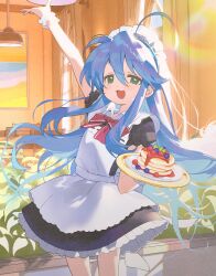 1girl :d absurdres ahoge apron arm_up black_dress blue_hair blueberry bow bowtie collared_dress cowboy_shot dress food fruit green_eyes hair_between_eyes highres holding holding_plate huge_ahoge izumi_konata long_hair long_sidelocks looking_at_viewer lucky_star maid maid_headdress mole mole_under_eye open_mouth pancake pancake_stack petticoat plate puffy_short_sleeves puffy_sleeves red_bow red_bowtie seoji short_sleeves sidelocks smile solo strawberry syrup very_long_hair white_apron white_wrist_cuffs wrist_cuffs