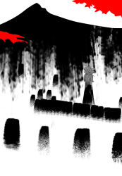 Rule 34 | 1girl, cerevevisiae, dress, faceless, faceless female, full body, graveyard, greyscale, hair rings, highres, kaku seiga, monochrome, mountain, open clothes, open vest, short sleeves, solo, spot color, standing, tombstone, touhou, vest
