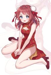 1girl @_@ bare_arms bare_shoulders between_legs blush breasts brown_hair bun_cover china_dress chinese_clothes chobi_(penguin_paradise) cleavage cleavage_cutout clothing_cutout commentary_request double_bun dress gakuen_idolmaster grey_eyes hair_bun hanami_saki hand_between_legs high_heels highres idolmaster long_hair looking_at_viewer medium_breasts open_mouth pelvic_curtain red_dress red_shoes shoes simple_background sitting sleeveless sleeveless_dress solo wariza white_background zoom_layer