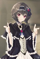1girl 9-nine- :3 black_bow black_capelet black_dress black_hair black_hairband bow capelet chinese_commentary closed_mouth commentary cowboy_shot crossed_bangs dress film_grain frilled_capelet frilled_dress frilled_hairband frills gothic_lolita hair_between_eyes hair_bow hair_intakes hairband hands_up highres index_fingers_raised lolita_fashion lolita_hairband looking_at_viewer official_alternate_costume pointing pointing_at_viewer red_brooch red_eyes rin_ll short_hair_with_long_locks smile solo split_mouth yuuki_noa