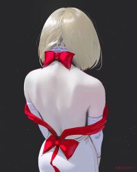 1girl artist_name back back_focus backless_dress backless_outfit bare_back black_background blonde_hair detached_sleeves dress dungeon_meshi falin_touden falin_touden_(tallman) from_behind highres medium_hair neozumi official_alternate_costume solo upper_body white_dress white_sleeves