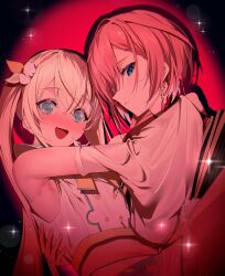 2girls :d @_@ absurdres arms_around_neck blonde_hair blue_eyes blush carrying colored_tips crossed_bangs detached_sleeves double-parted_bangs earrings flustered frilled_skirt frills hair_between_eyes hair_ornament hashtag-only_commentary highres hololive jewelry kazama_iroha long_hair looking_at_viewer magical_girl midriff miniskirt multicolored_hair multiple_girls navel nose_blush official_alternate_costume official_alternate_hairstyle open_mouth panda_0035 parted_lips pink_hair pom_pom_(clothes) pom_pom_hair_ornament princess_carry shirt skirt sleeveless sleeveless_shirt smile takane_lui takane_lui_(5th_costume) tassel tassel_earrings teeth twintails upper_teeth_only very_long_hair virtual_youtuber white_hair white_shirt wide_sleeves yuri