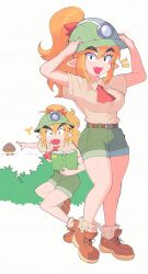1girl absurdres belt_buckle blonde_hair blush book brown_footwear buckle bush commentary english_commentary fang fangs fangs_out goomba goombella green_shorts hard_hat hat headlamp helmet highres inkerton-kun long_hair mario_(series) mining_helmet nintendo open_mouth overalls paper_mario paper_mario:_the_thousand-year_door pointy_ears ponytail red_ribbon ribbon shirt shoes shorts simple_background smile striped_clothes striped_headwear thick_eyebrows