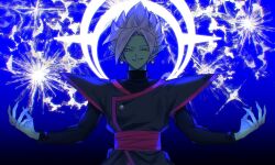 Rule 34 | 1boy, bad id, bad twitter id, black bodysuit, bodysuit, colored skin, dragon ball, dragon ball super, earrings, evil grin, evil smile, fused zamasu, green skin, grey eyes, grin, halo, jewelry, lightning, long sleeves, looking at viewer, pointy ears, potara earrings, red sash, ring, sash, smile, smirk, solo, spiked hair, sugao n3, teeth, white hair