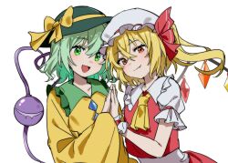 2girls ascot blonde_hair bow buttons crystal diamond_button fang fang_out flandre_scarlet frilled_shirt_collar frills green_eyes green_hair hat hat_bow highres komeiji_koishi maisuiren multiple_girls puffy_short_sleeves puffy_sleeves red_eyes red_vest shirt short_sleeves side_ponytail skirt skirt_set smile third_eye touhou vest white_background wide_sleeves wings yellow_ascot yellow_shirt yuri