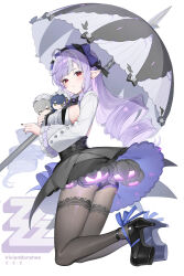 Rule 34 | 1girl, absurdres, ahoge, belle (zenless zone zero), black pantyhose, black shoes, black skirt, breasts, character doll, doll, dosei, full body, highres, holding, holding umbrella, long hair, long sleeves, pantyhose, pointy ears, purple hair, red eyes, shirt, shoes, sideboob, skirt, solo, twintails, umbrella, very long hair, vivian banshee, white shirt, wise (zenless zone zero), zenless zone zero