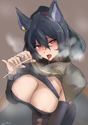 1girl absurdres areola_slip bandeau black_bandeau black_hair black_pantyhose blush breasts capelet cleavage detached_sleeves erune fellatio_gesture granblue_fantasy grey_capelet highres ilsa_(granblue_fantasy) large_breasts long_hair looking_at_viewer open_mouth pantyhose ponytail red_eyes s4ika solo tongue tongue_out