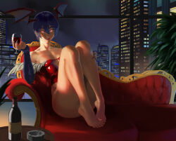 Rule 34 | 1girl, absurdres, alcohol, barefoot, bottle, cup, darkstalkers, drinking glass, elbow gloves, feet, gloves, glowing, glowing eyes, head wings, highres, leotard, lilith (darkstalkers), looking at viewer, purple hair, red eyes, reiss art, short hair, toes, wine, wine bottle, wine glass, wings