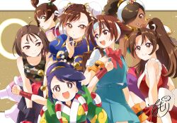 6+girls :d :o absurdres ayame_(power_stone) bracelet brown_eyes brown_hair bun_cover camouflage camouflage_shirt capcom chinese_clothes chun-li commentary dark-skinned_female dark_skin double_bun earrings english_commentary grin hair_bun hair_over_one_eye headband highres japanese_clothes jewelry june_lin_milliam justice_gakuen kazama_akira long_hair looking_ahead looking_at_another looking_at_viewer multiple_girls namori official_art open_mouth parted_lips pearl_earrings ponytail power_stone purple_hair rouge_(power_stone) school_uniform second-party_source shiranui_mai shirt short_hair signature smile snk spiked_bracelet spikes star_gladiator street_fighter the_king_of_fighters wakaba_hinata white_headband