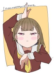 1girl :i arm_up blunt_bangs blush border braid brown_dress brown_hair center-flap_bangs closed_mouth commentary_request cropped_torso dress glaring half-closed_eyes hand_on_own_head hasu_no_sora_school_uniform highres k-on! kachimachi_kosuzu link!_like!_love_live! liz_(piyoko_piyop) long_hair long_sleeves looking_at_viewer love_live! neckerchief outside_border pink_eyes pout sailor_collar sailor_dress school_uniform side_braids solo straight_hair translation_request upper_body v-shaped_eyebrows virtual_youtuber white_border white_sailor_collar winter_uniform yellow_background yellow_neckerchief