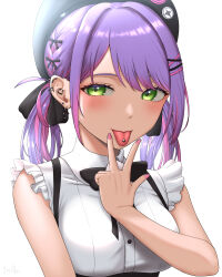 1girl 1nilla&#039; cunnilingus_gesture green_eyes piercing purple_hair tagme tokoyami_towa tongue tongue_out tongue_piercing v