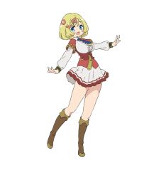 1girl blonde_hair blue_eyes blue_necktie blush bob_cut breasts corset esyne full_body futoku_no_guild hair_ornament highres kaneko_hiraku large_breasts long_sleeves looking_at_viewer medium_hair miniskirt necktie open_mouth oppai_loli pleated_skirt red_corset simple_background skirt smile solo standing standing_on_one_leg thighs transparent_background white_skirt