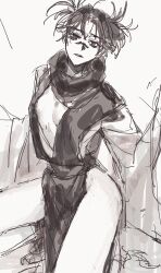 Rule 34 | 1girl, adapted costume, black scarf, breasts, choso (jujutsu kaisen), cowboy shot, facial mark, genderswap, genderswap (mtf), highres, jujutsu kaisen, monochrome, mu kmijj, scarf, sketch, small breasts, solo