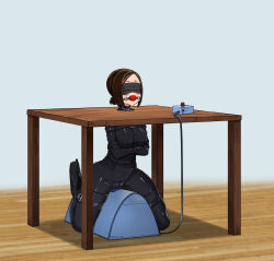 1girl absurdres ball_gag bdsm blindfold blush bodysuit brown_eyes brown_hair commission eudetenis full_body gag high_heels highres indoors medium_hair navel original pussy riding_machine second-party_source sex_machine sybian table tagme wooden_floor yuriko_(pretzelfan)