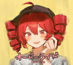 1girl ahoge baseball_cap blush commentary_request drill_hair hair_through_headwear hand_up hat highres kasane_teto looking_at_viewer open_mouth override_(synthesizer_v) porara portrait red_eyes red_hair smile solo song_name translation_request twin_drills utau yellow_background