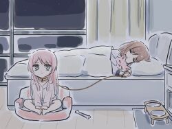 2girls bang_dream! bang_dream!_it&#039;s_mygo!!!!! bone bowl brown_hair chihaya_anon closed_eyes closed_mouth collar commentary curtains grey_eyes holding holding_leash indoors leash long_hair lyy multiple_girls nagasaki_soyo pajamas pet_bed pet_bowl pink_hair pink_shirt shirt sitting sleeping symbol-only_commentary yuri