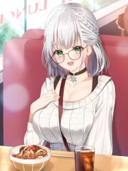 1girl 2girls between_breasts black_choker bowl braid breasts choker chopsticks cleavage collarbone drink food green_eyes grey_hair gyuudon hair_ribbon highres hololive houshou_marine multiple_girls nagi_aoi open_mouth red_hair red_ribbon ribbon shadow shirogane_noel shirogane_noel_(casual) short_hair snowflakes sweater virtual_youtuber white_sweater window