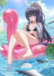 1girl absurdres barefoot bikini black_bikini black_hair blue_archive blue_eyes blue_sky book bottomless breasts cardigan cloud commentary day fangfangtu feet food fruit grey_cardigan halo highres legs long_hair looking_at_viewer medium_breasts ocean official_alternate_costume open_mouth outdoors peroro_(blue_archive) ponytail sitting sky summer swimsuit thighs toenails toes ui_(blue_archive) ui_(swimsuit)_(blue_archive) unworn_bikini_bottom watermelon wet yellow_halo